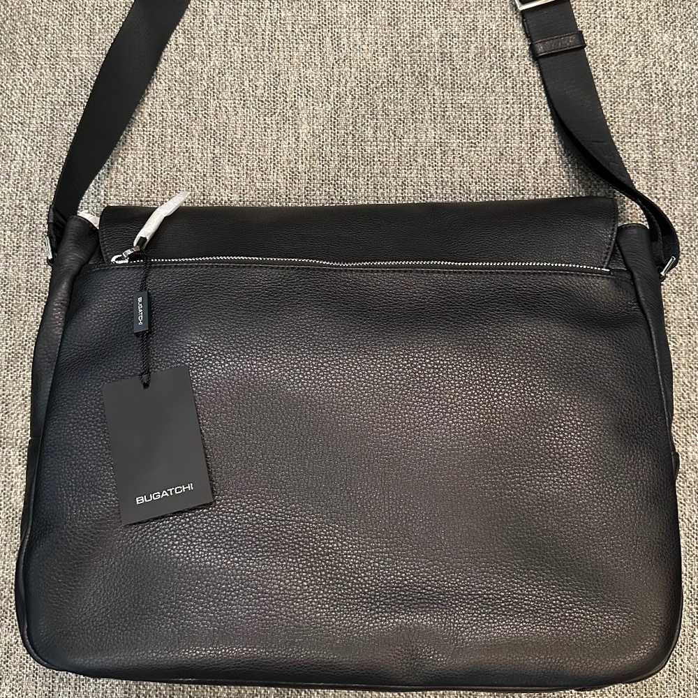 Bugatchi Black Pebbled Leather Messenger Bag Crossbody Laptop Bag NWT - Picture 9 of 14